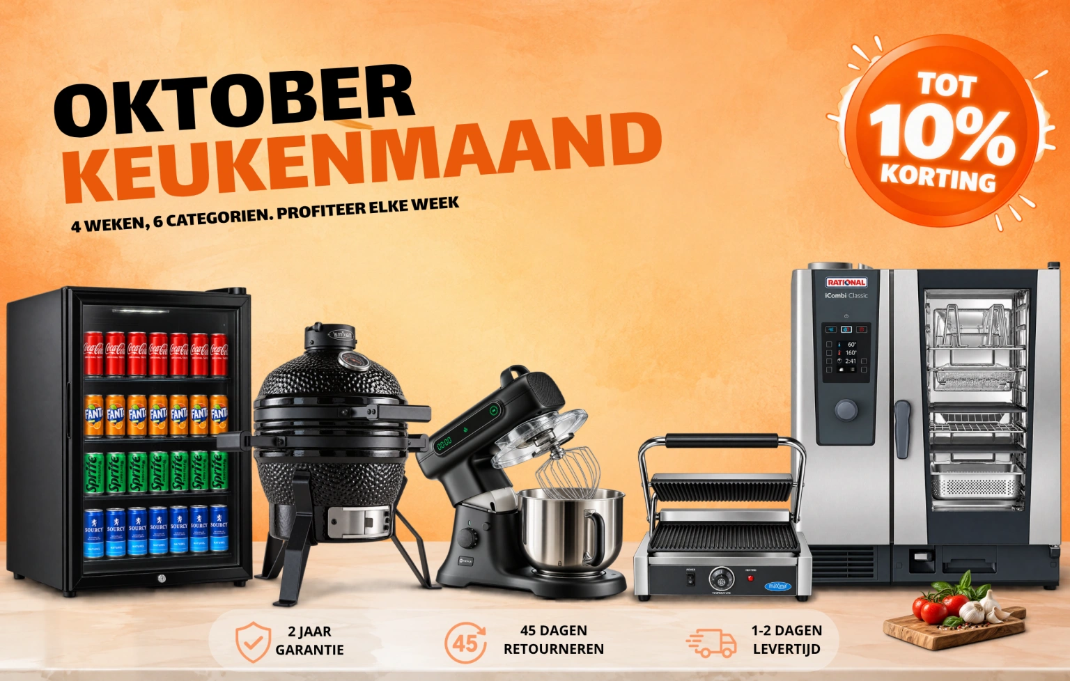 Oktober Keukenmaand: tot 10% korting. Vier weken, zes categorieën, elke week nieuw voordeel. 2 jaar garantie, 45 dagen retourneren, 1-2 dagen levertijd.